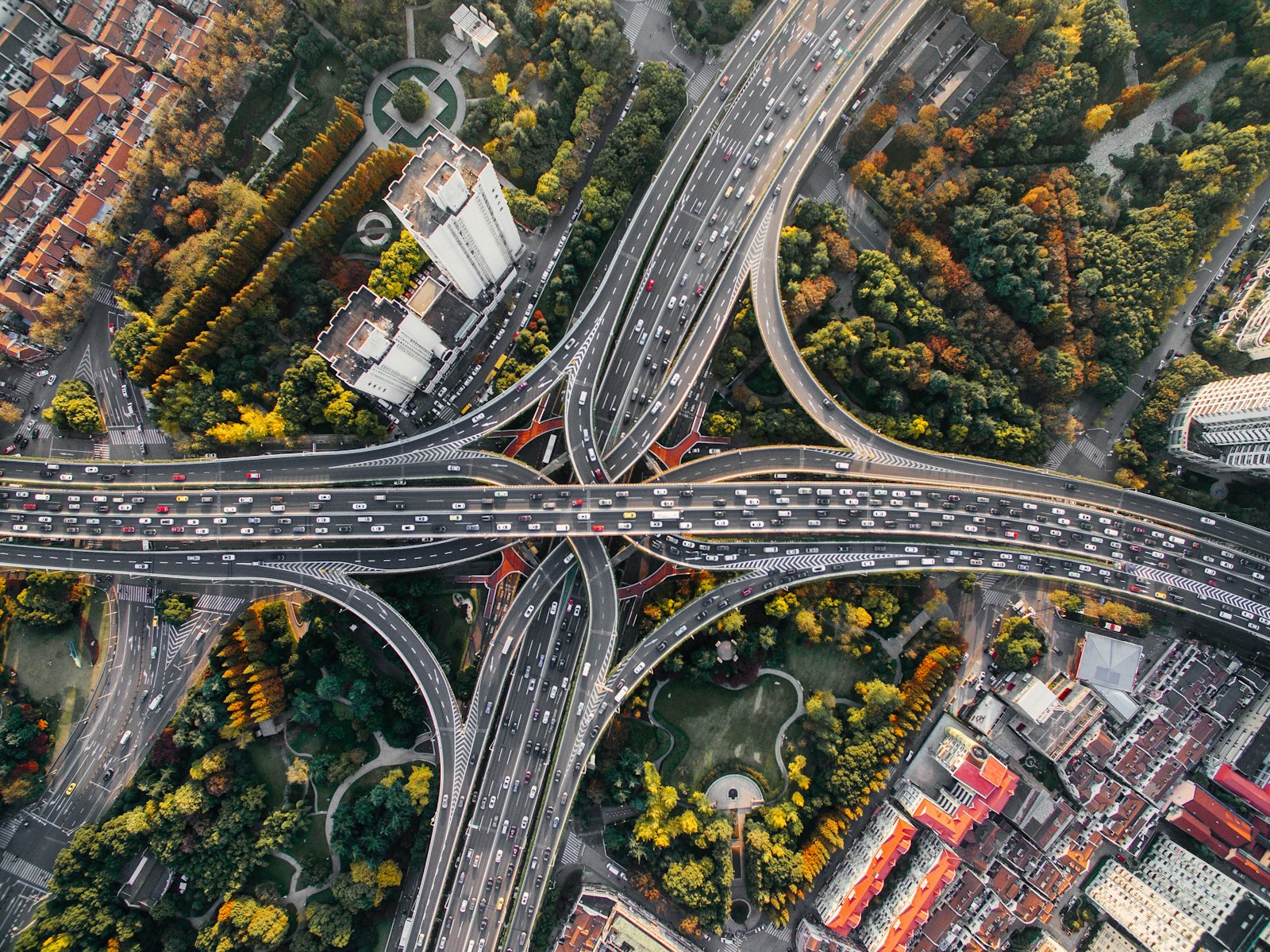 Aerial view of a highway interchange, the network HYVE connects
