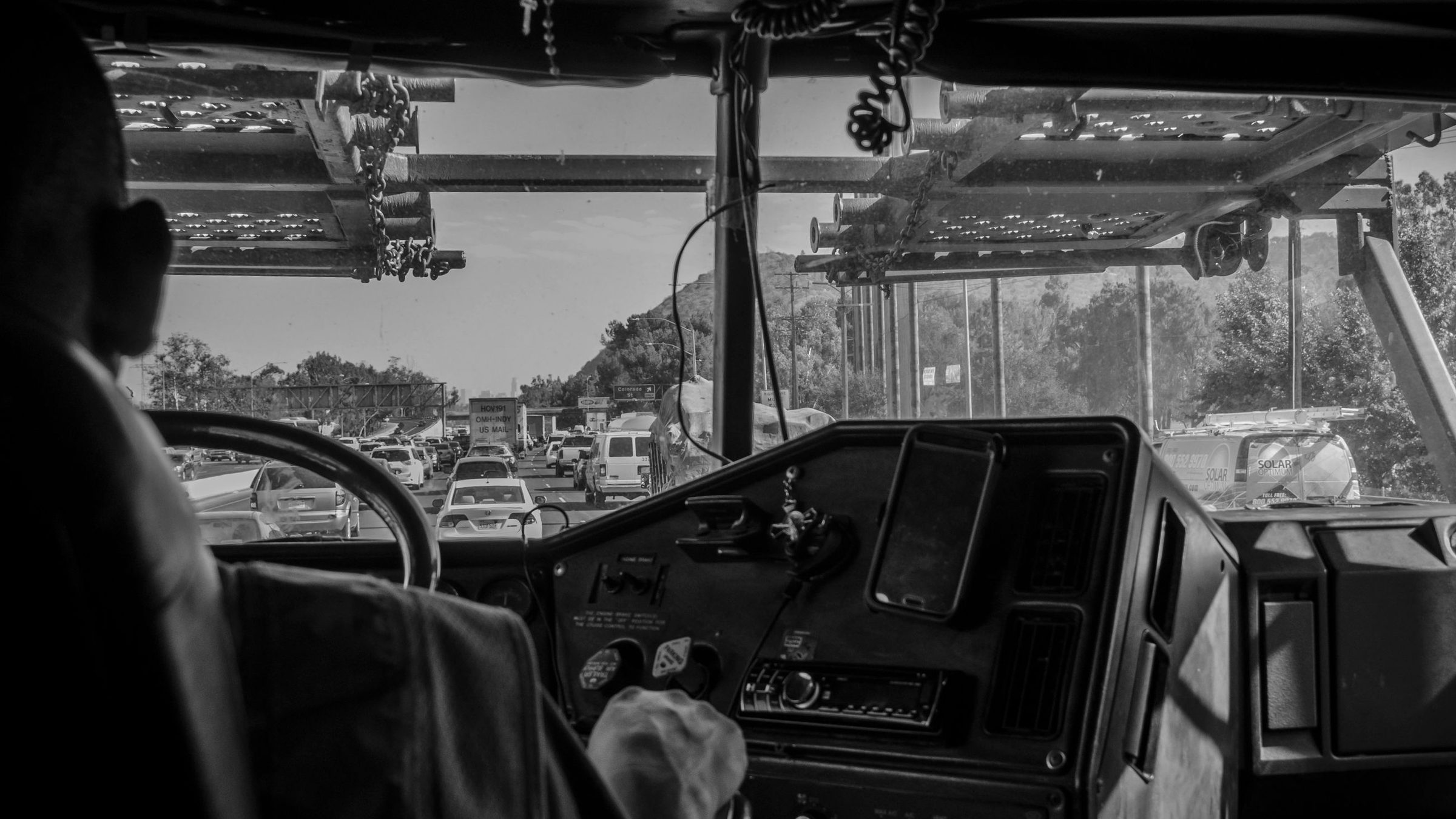 The view forward from inside a semi truck cab